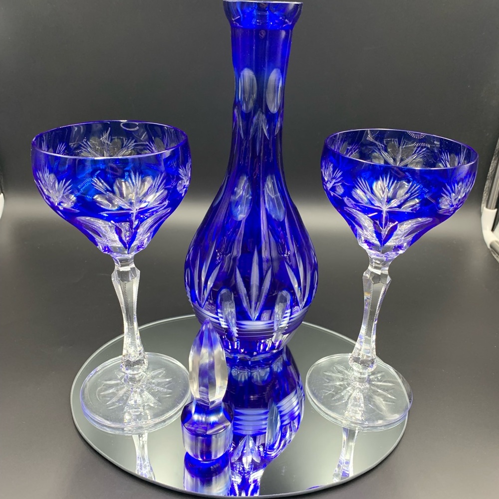 Bohemian glass decanter set with two glasses